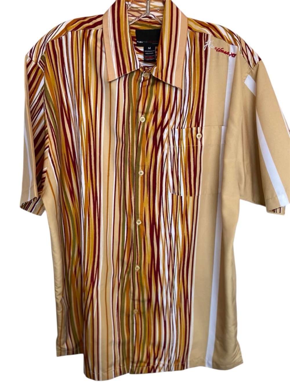 Vintage FUBU The Collection Abstract Striped Button-Up short sleeve Shirt. Sz M